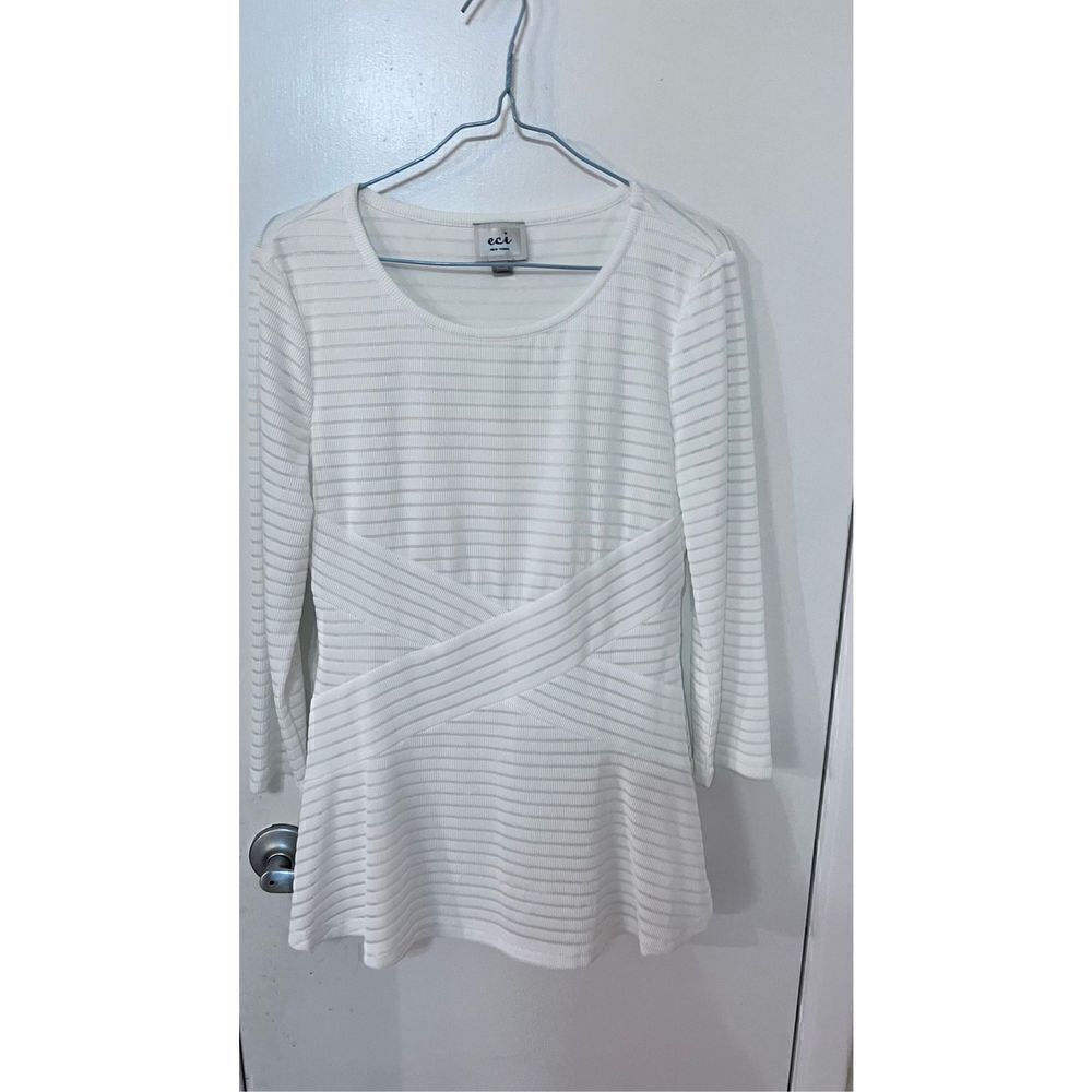 Eci Womens Ribbed Striped Long Sleeve Fit & Flare Dress White Silver Size Medium